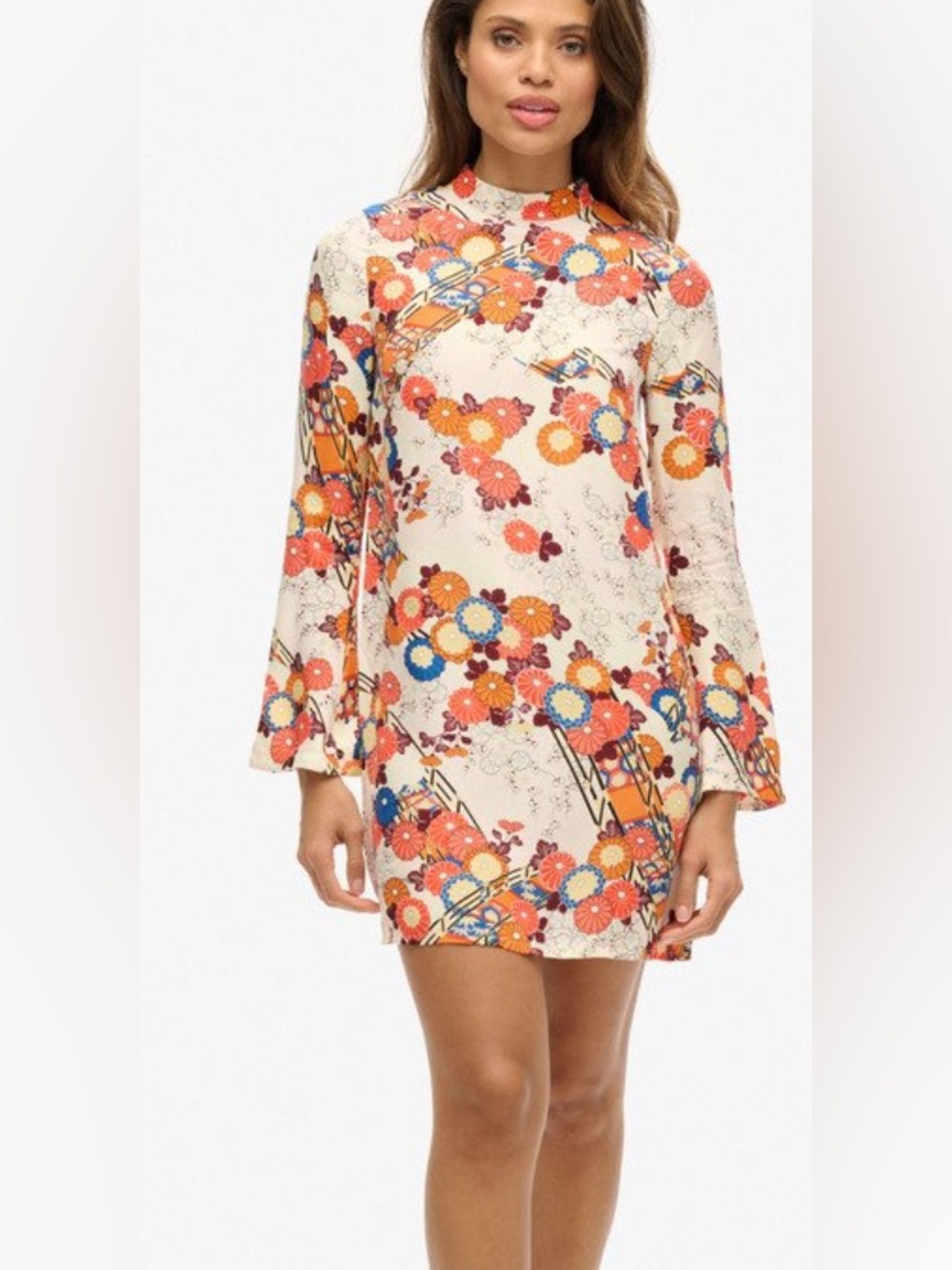 Superdry Floral Mock Neck Shift Dress Bell Sleeve Retro Mod Print US 4